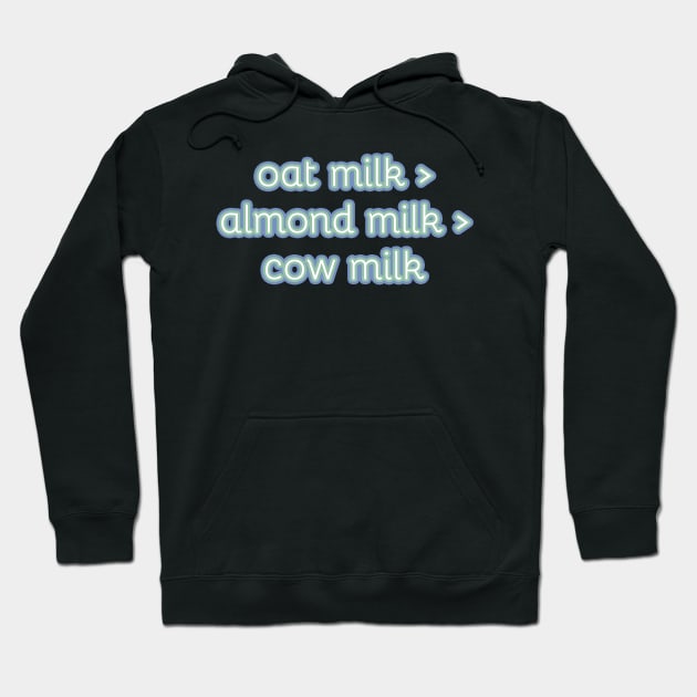 Funny sticker phrase: Oat Milk > (is greater than) almond milk > (is greater than) cow milk Hoodie by victoriaarden